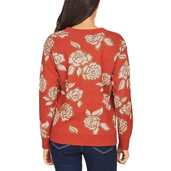 DR2 Floral Knit Crew Neck Sweater Lightweight Pullover Long Sleeve Orange Size L - Picture 3 of 8